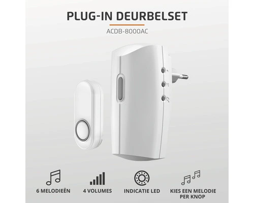 KLIKAANKLIKUIT® Plug-in Draadloze Deurbelset ACDB-8000AC Wit 2 KLIKAANKLIKUIT® Plug-in Draadloze Deurbelset ACDB-8000AC Wit - Afbeelding 2