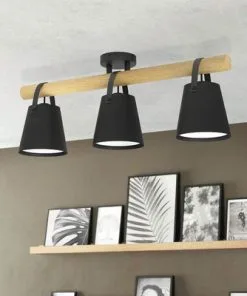 EGLO Plafondlamp Boyle 3-lichts Zwart-hout-leder