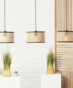 BRILLIANT Hanglamp Wiley 3-lichts Metaal-rotan Zwart-bruin