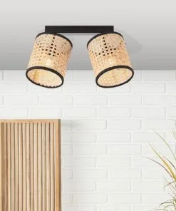 BRILLIANT Plafondspot Wiley 2-lichts Metaal-rotan Zwart-bruin
