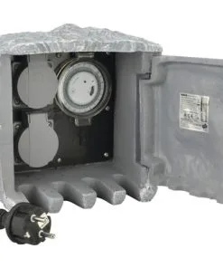 Tuinstopcontact Vierkant Steenlook 2-voudig Met Tijdschakelaar, Grijs